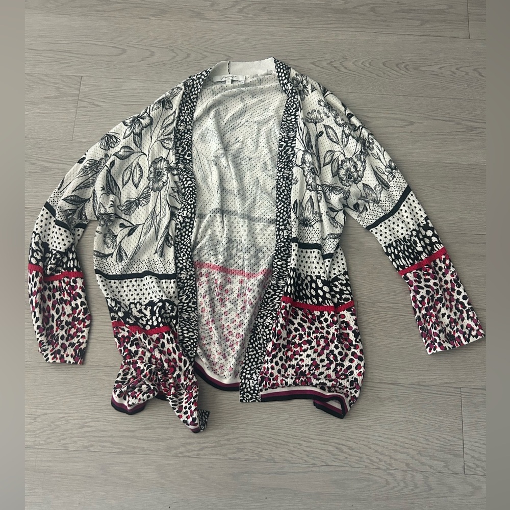 Foxcroft White and Black Floral & Pink Leopard Open Cardigan